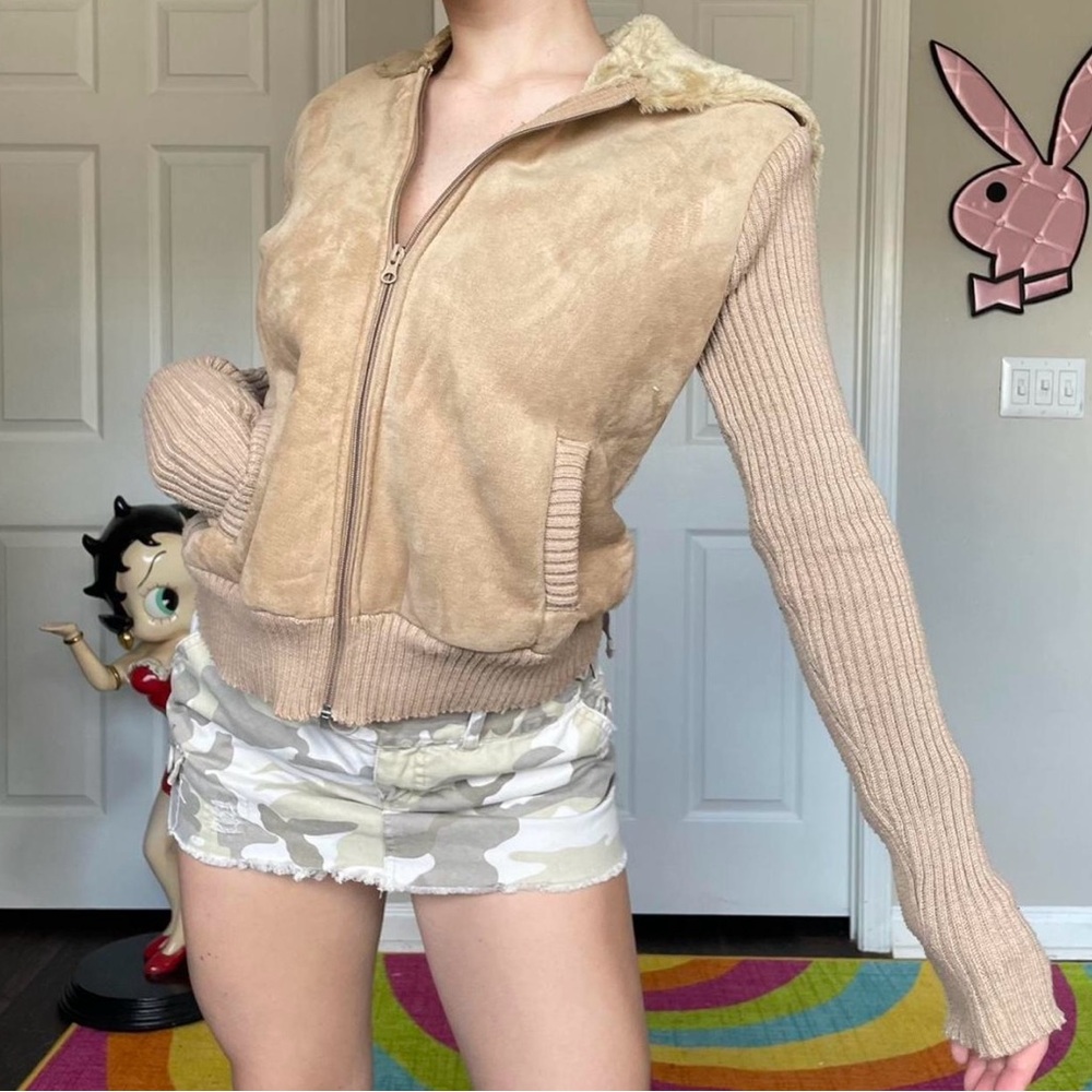 Say What? Y2K fur lined tan ribbed bomber hoodie